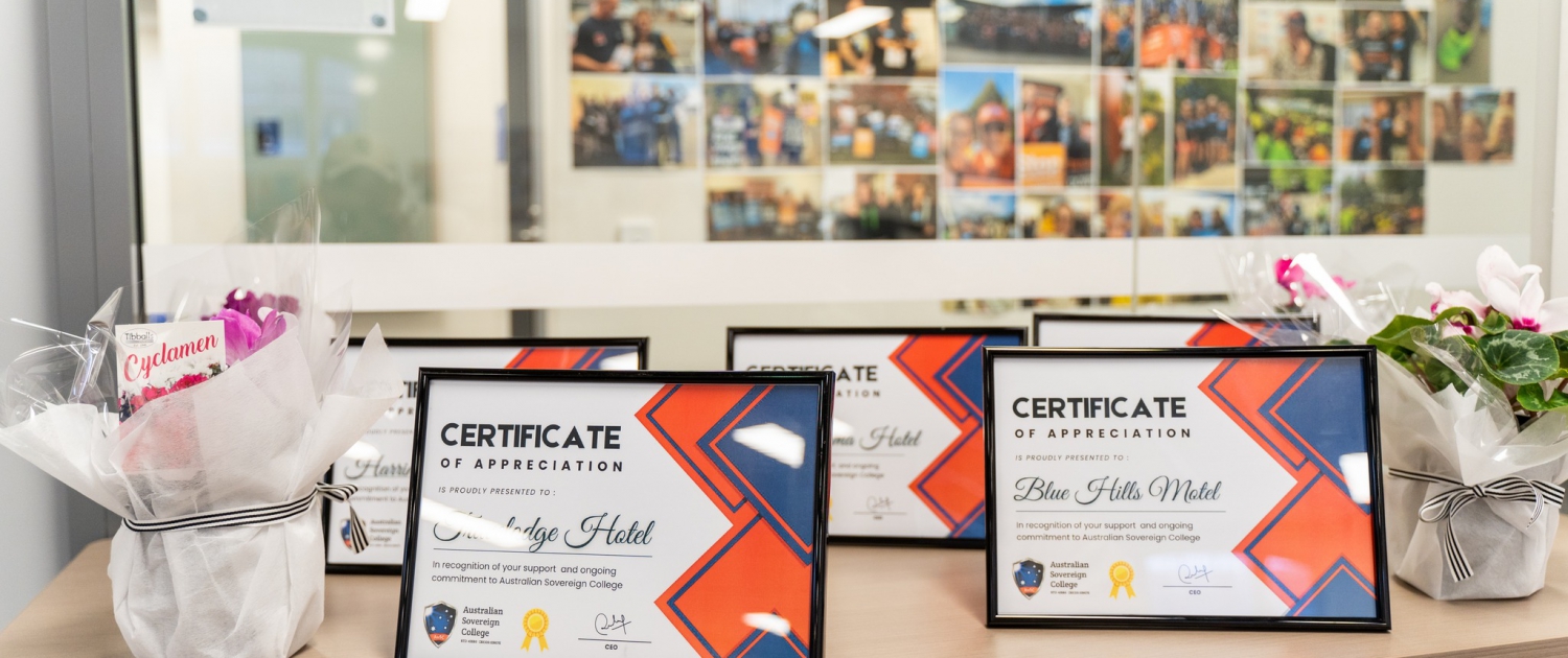 Australian Sovereign College in Hobart Certificate of appreciation. Australian Sovereign College in Melbourne Certificate of appreciation.